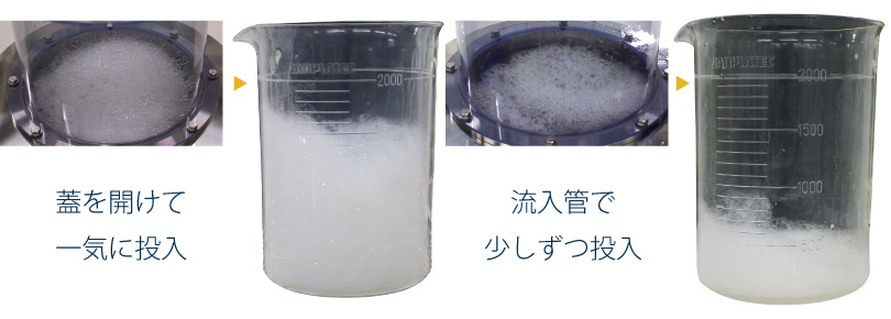 流入管で泡立ちを半分以下まで抑制
