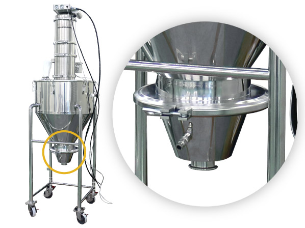 ホッパーの排出口に取り付けて粉詰まりを防ぐステンレス製エアレーションホッパーの外観